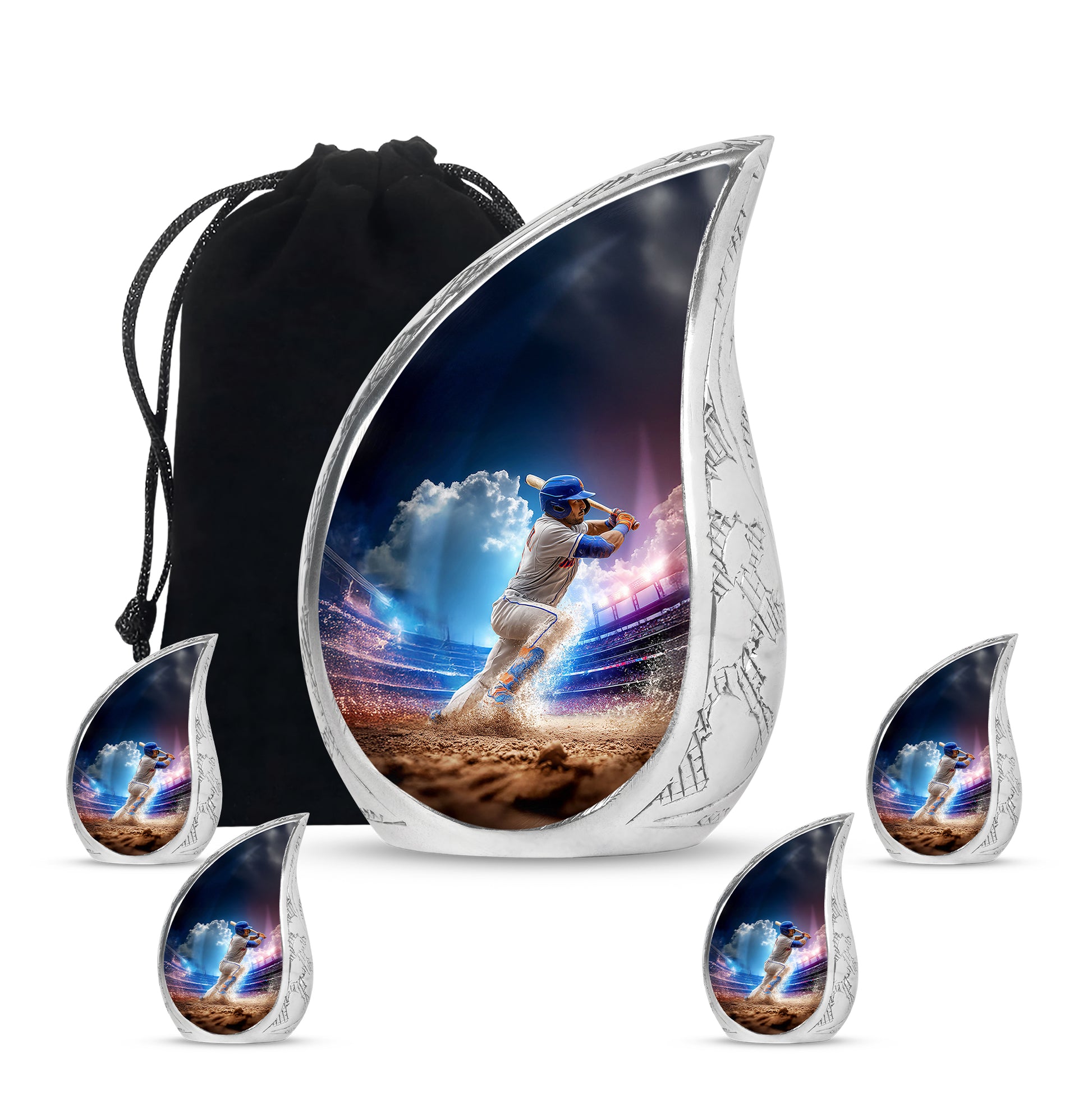 Sky Blue Baseball Cremation Urn side profile showing urn shape - flowing teardrop baseball silhouette on curved aluminum - memorial set with one large and four small urns
