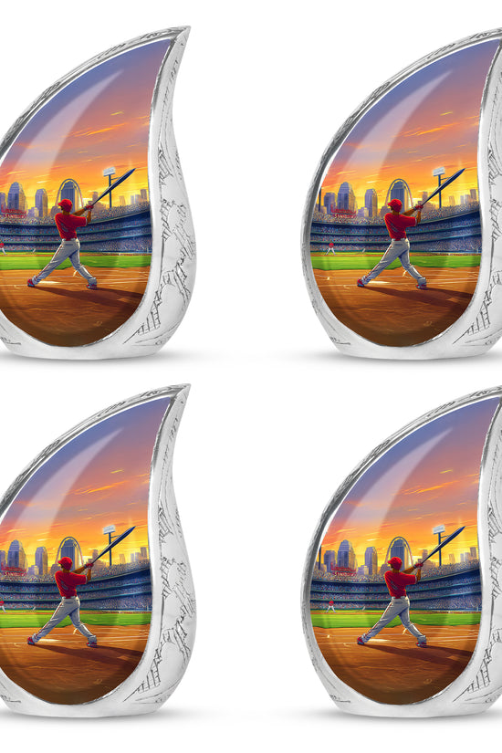 Harvest Gold Baseball Cremation Urn close-up of engraving and surface detail - smooth teardrop contour featuring baseball art - 10 inch aluminum urn for cremated remains