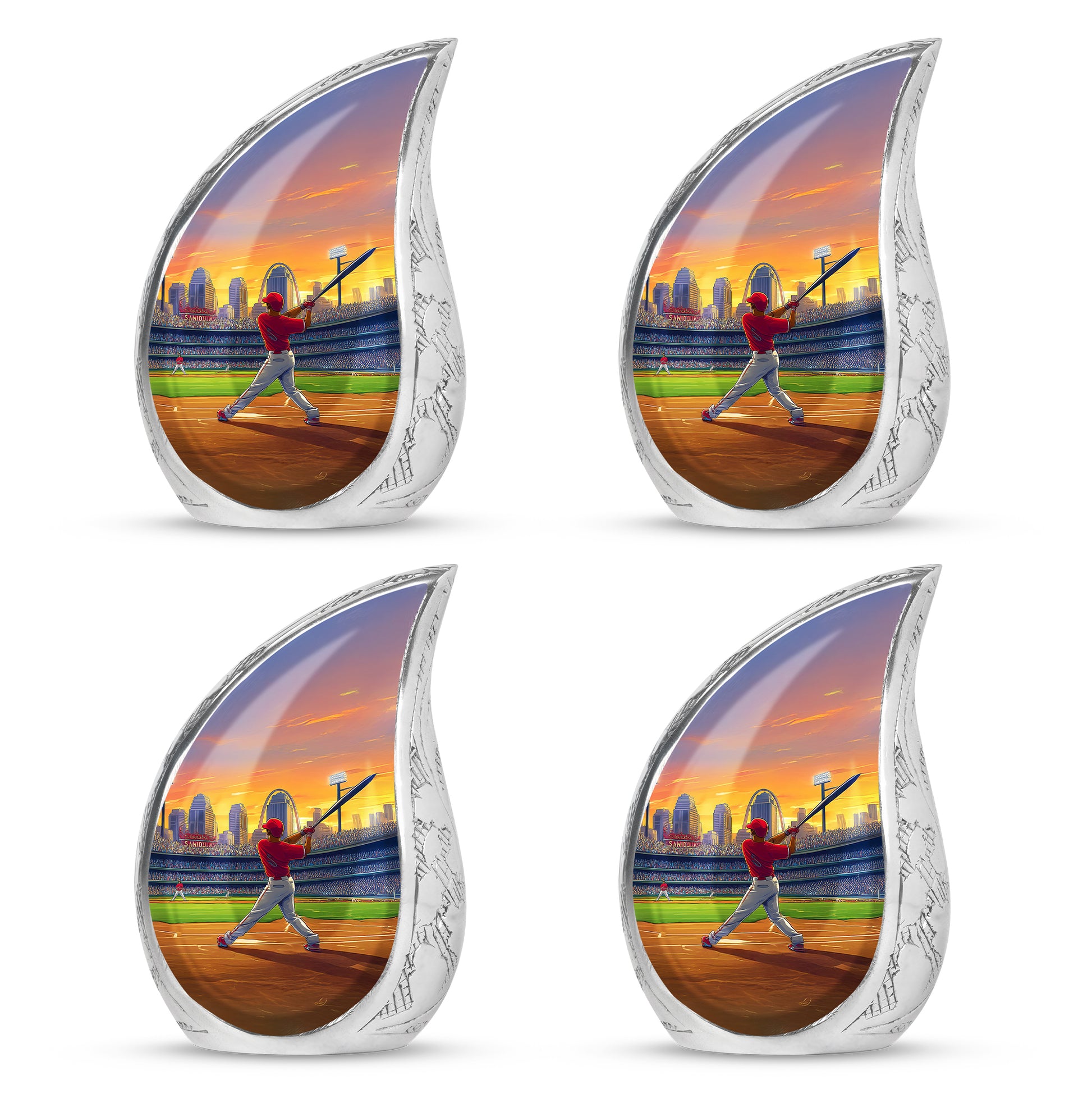 Harvest Gold Baseball Cremation Urn close-up of engraving and surface detail - smooth teardrop contour featuring baseball art - 10 inch aluminum urn for cremated remains