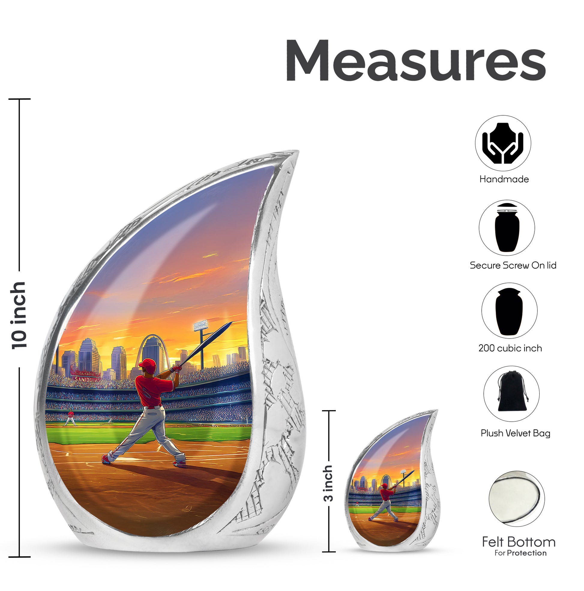 Champagne Gold Baseball Cremation Urn angled view of lid and engraved motif - rounded teardrop baseball design with delicate detail - mini keepsake memorial for portion of cremation ashes