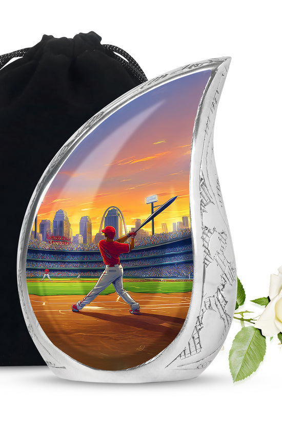 Burnished Gold Baseball Cremation Urn front view showing detailed design - graceful tear-shaped urn with baseball motif - full-size 10 inch 200 cubic inch adult cremation urn
