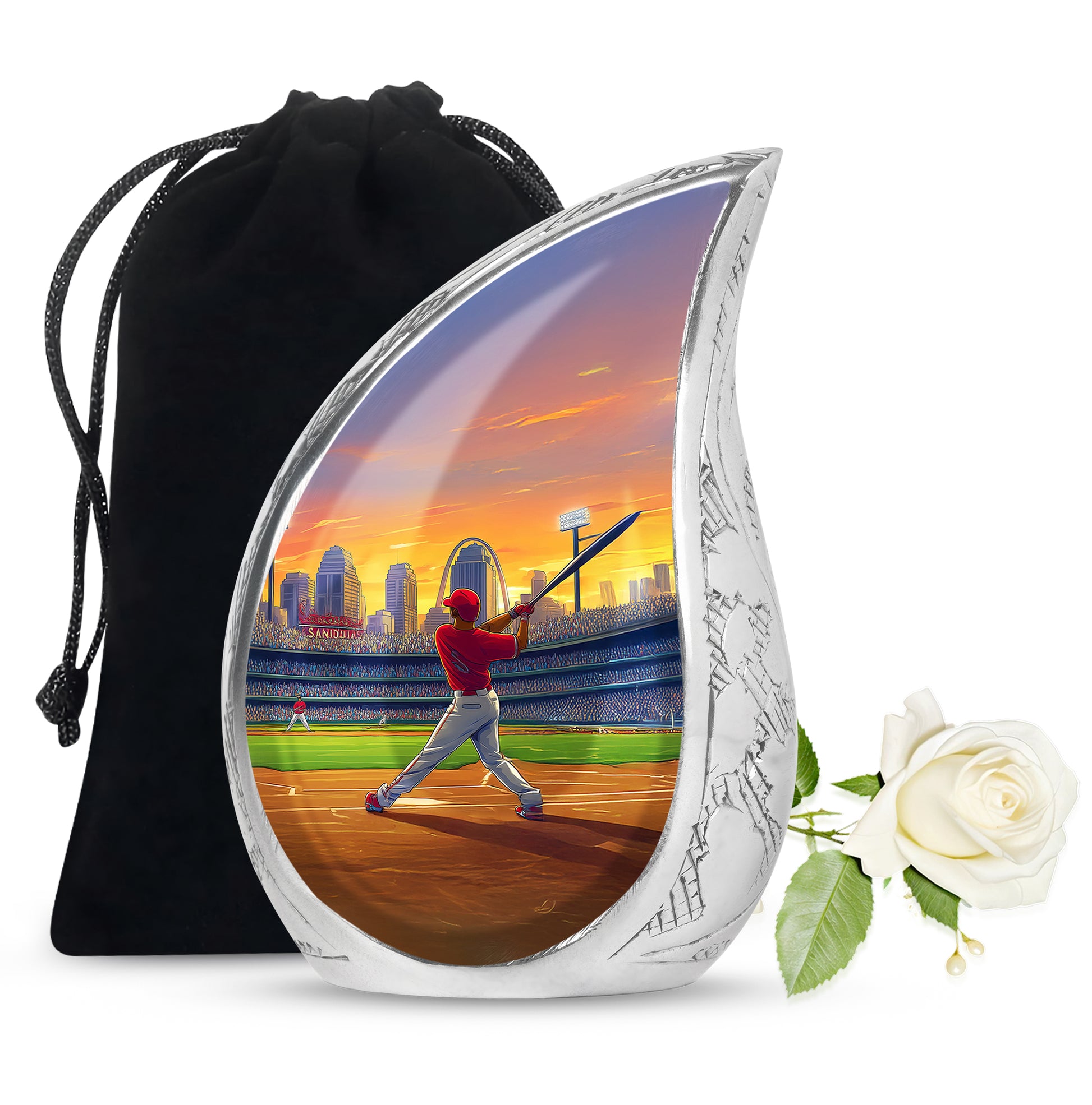 Burnished Gold Baseball Cremation Urn front view showing detailed design - graceful tear-shaped urn with baseball motif - full-size 10 inch 200 cubic inch adult cremation urn