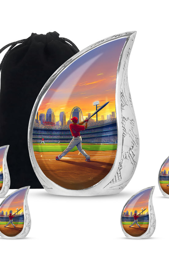 Amber Gold Baseball Cremation Urn side profile showing urn shape - rounded teardrop baseball design with delicate detail - memorial set with one large and four small urns