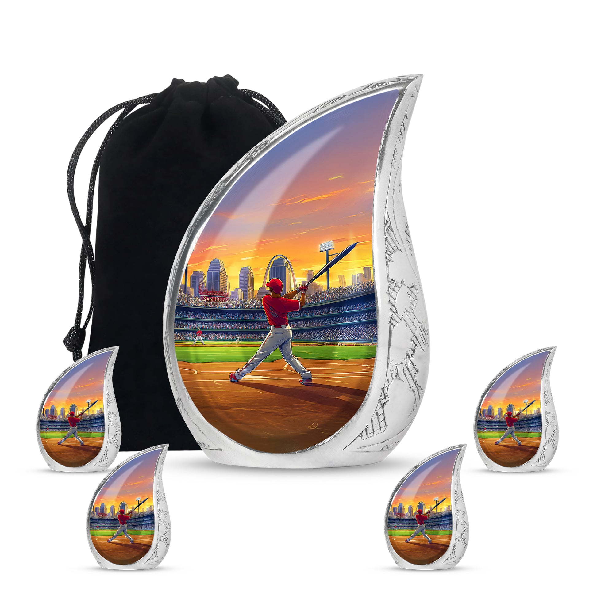 Amber Gold Baseball Cremation Urn side profile showing urn shape - rounded teardrop baseball design with delicate detail - memorial set with one large and four small urns
