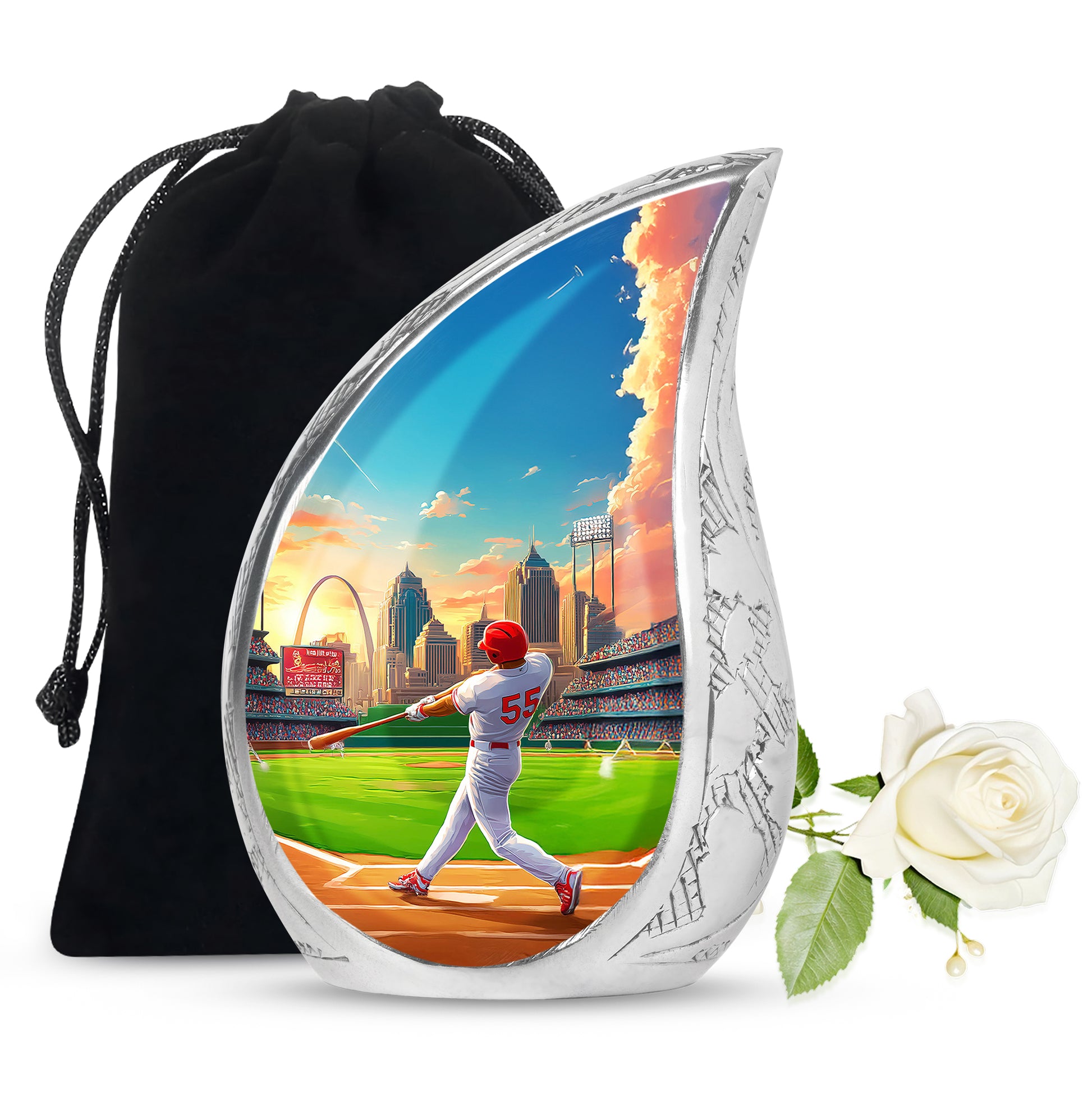 Navy Blue Baseball Cremation Urn front view showing detailed design - flowing teardrop baseball silhouette on curved aluminum - full-size 10 inch 200 cubic inch adult cremation urn