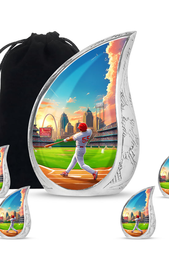 Sapphire Blue Baseball Cremation Urn side profile showing urn shape - graceful tear-shaped urn with baseball motif - memorial set with one large and four small urns