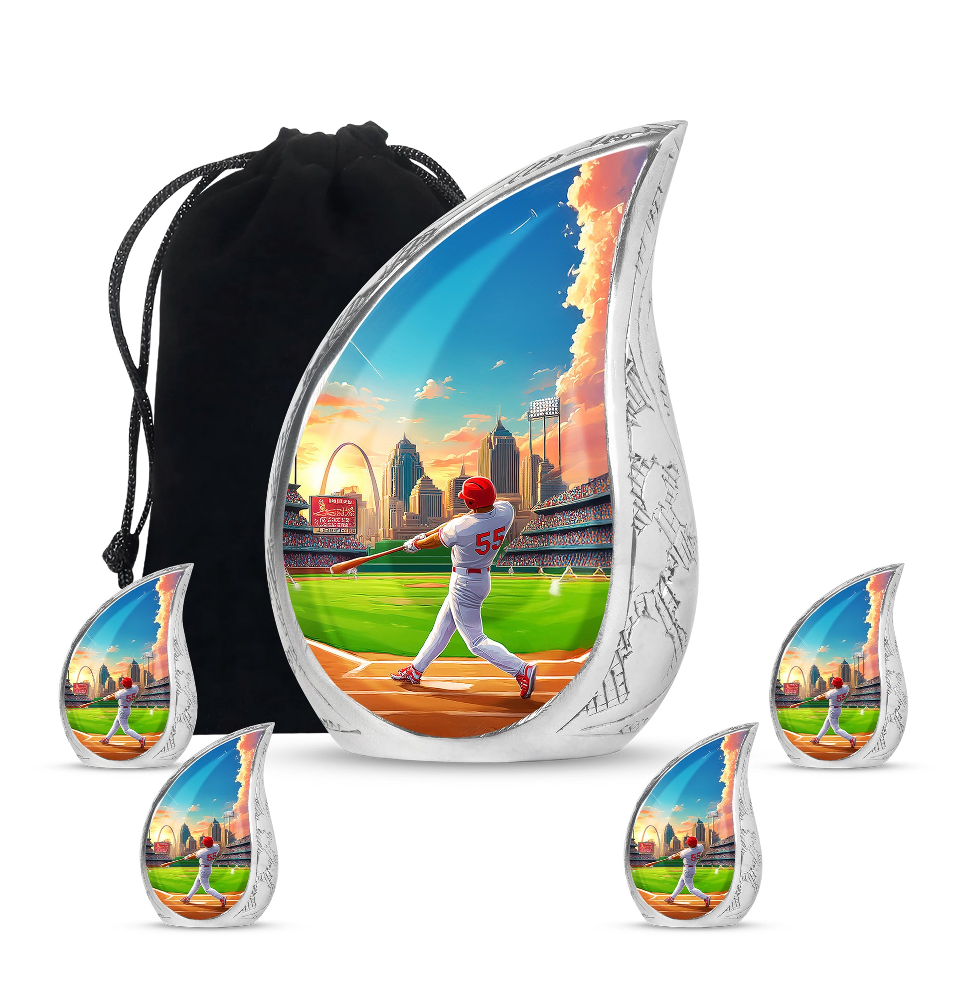 Sapphire Blue Baseball Cremation Urn side profile showing urn shape - graceful tear-shaped urn with baseball motif - memorial set with one large and four small urns