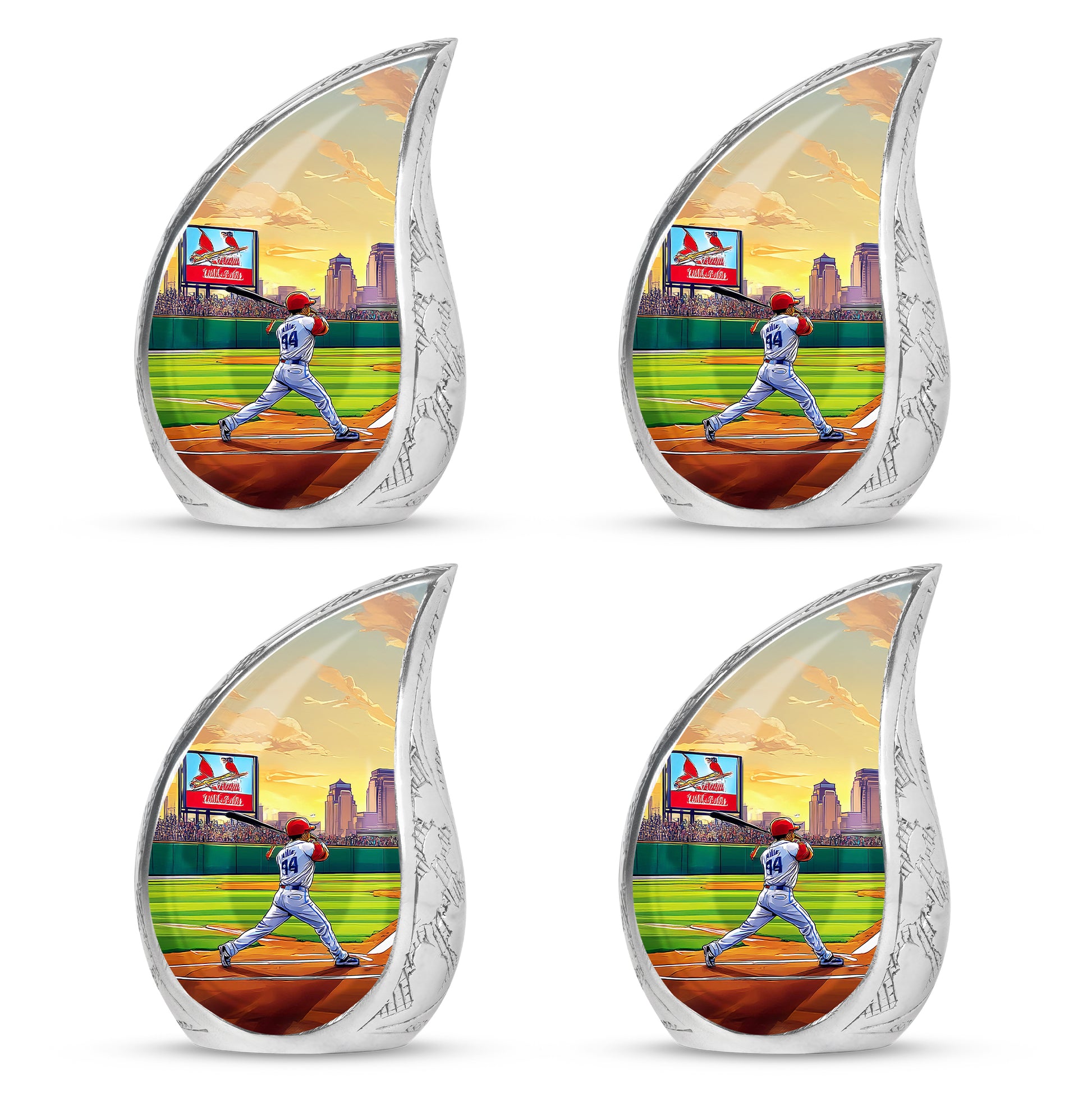 Moss Green Baseball Cremation Urn close-up of engraving and surface detail - flowing teardrop baseball silhouette on curved aluminum - 10 inch aluminum urn for cremated remains