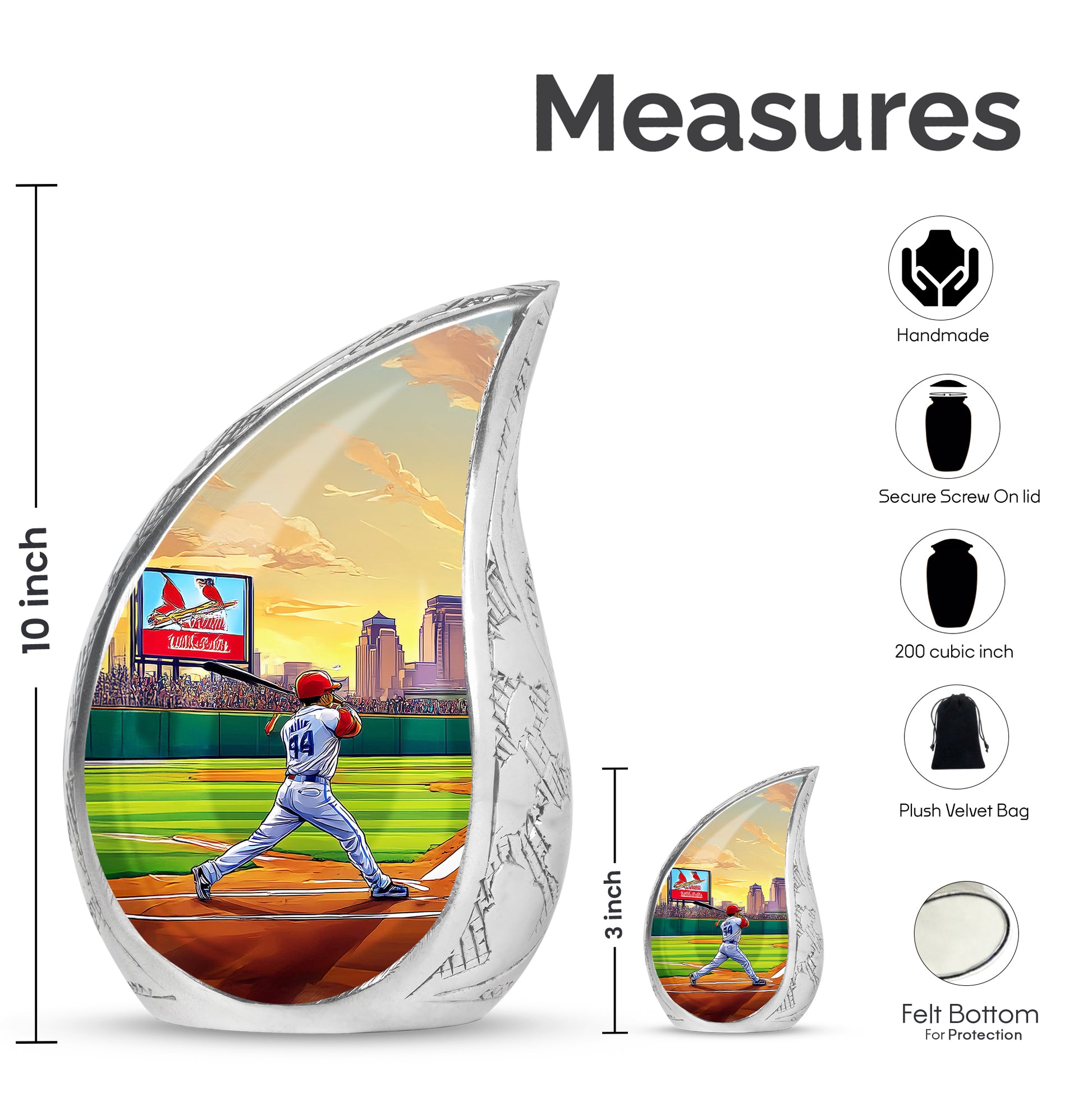 Forest Green Baseball Cremation Urn angled view of lid and engraved motif - graceful tear-shaped urn with baseball motif - mini keepsake memorial for portion of cremation ashes