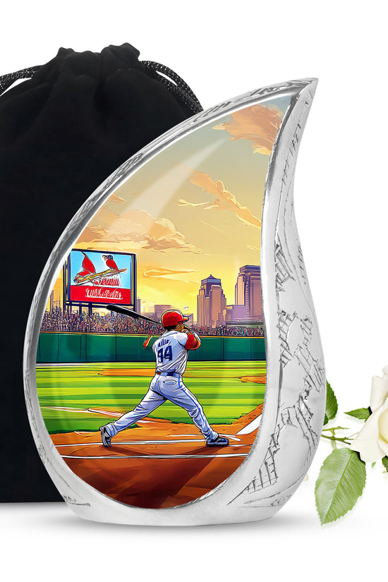 Hunter Green Baseball Cremation Urn front view showing detailed design - smooth teardrop contour featuring baseball art - full-size 10 inch 200 cubic inch adult cremation urn