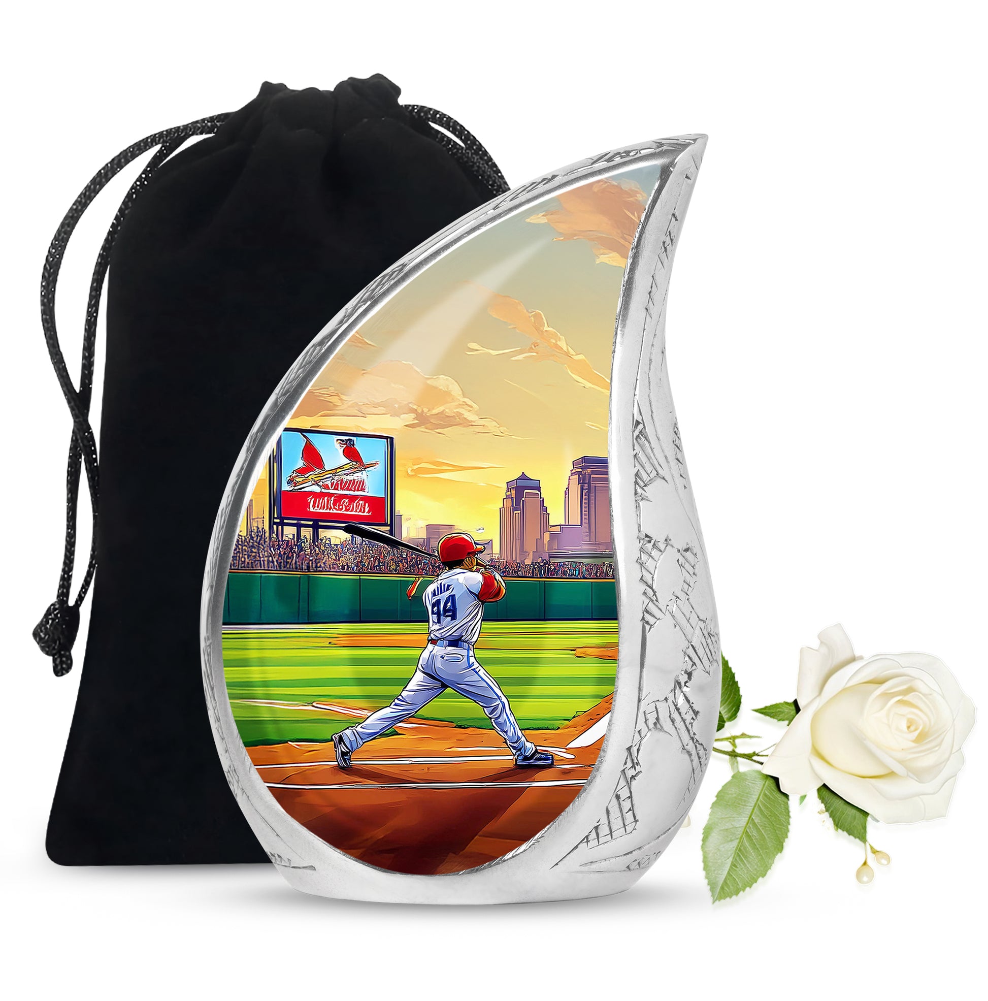 Hunter Green Baseball Cremation Urn front view showing detailed design - smooth teardrop contour featuring baseball art - full-size 10 inch 200 cubic inch adult cremation urn