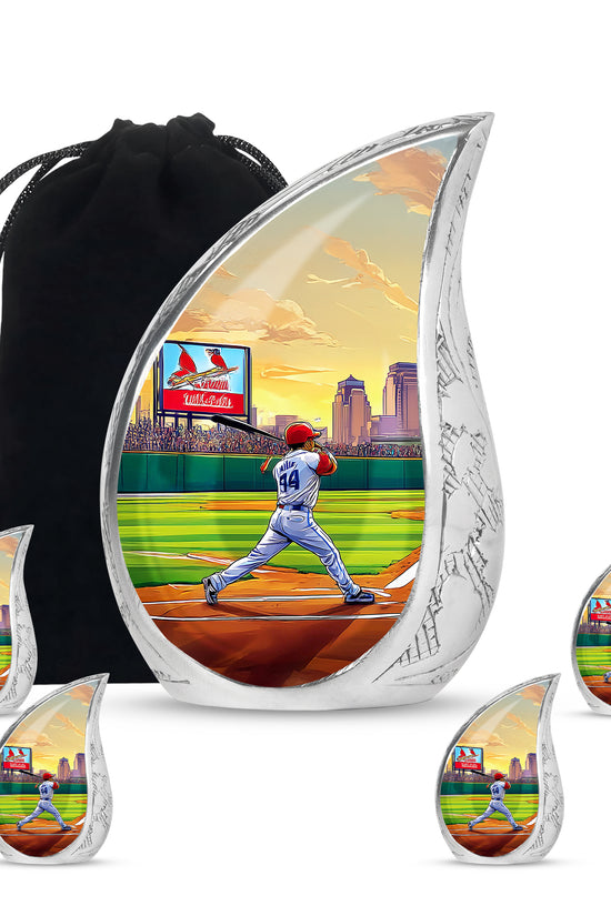 Olive Green Baseball Cremation Urn side profile showing urn shape - smooth teardrop contour featuring baseball art - memorial set with one large and four small urns