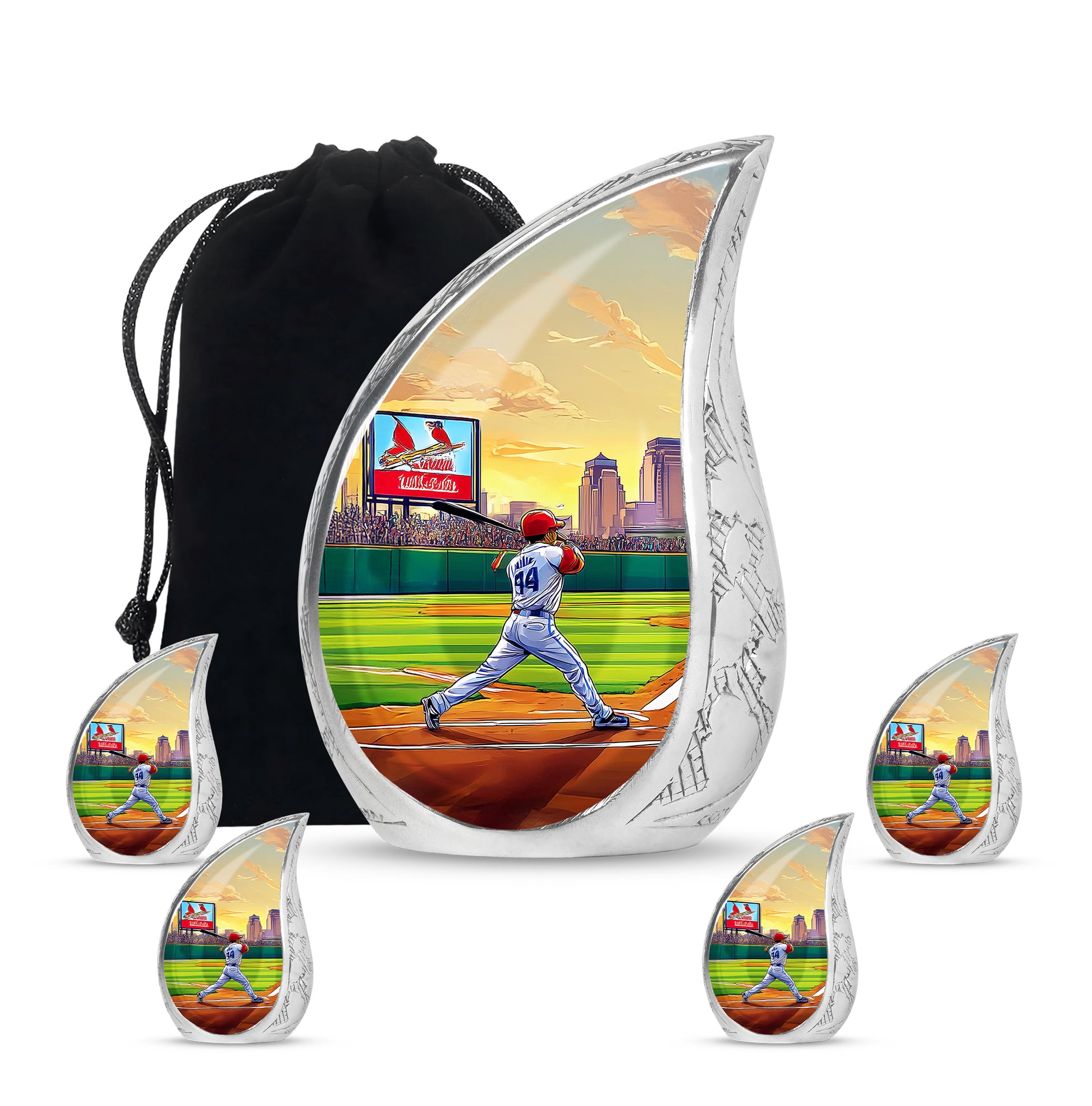Olive Green Baseball Cremation Urn side profile showing urn shape - smooth teardrop contour featuring baseball art - memorial set with one large and four small urns