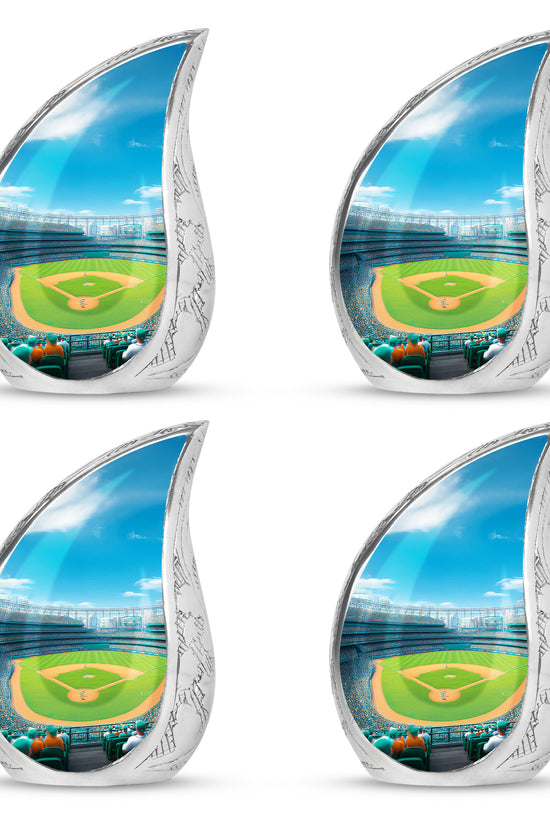 Twilight Blue Baseball Cremation Urn close-up of engraving and surface detail - smooth teardrop contour featuring baseball art - 10 inch aluminum urn for cremated remains