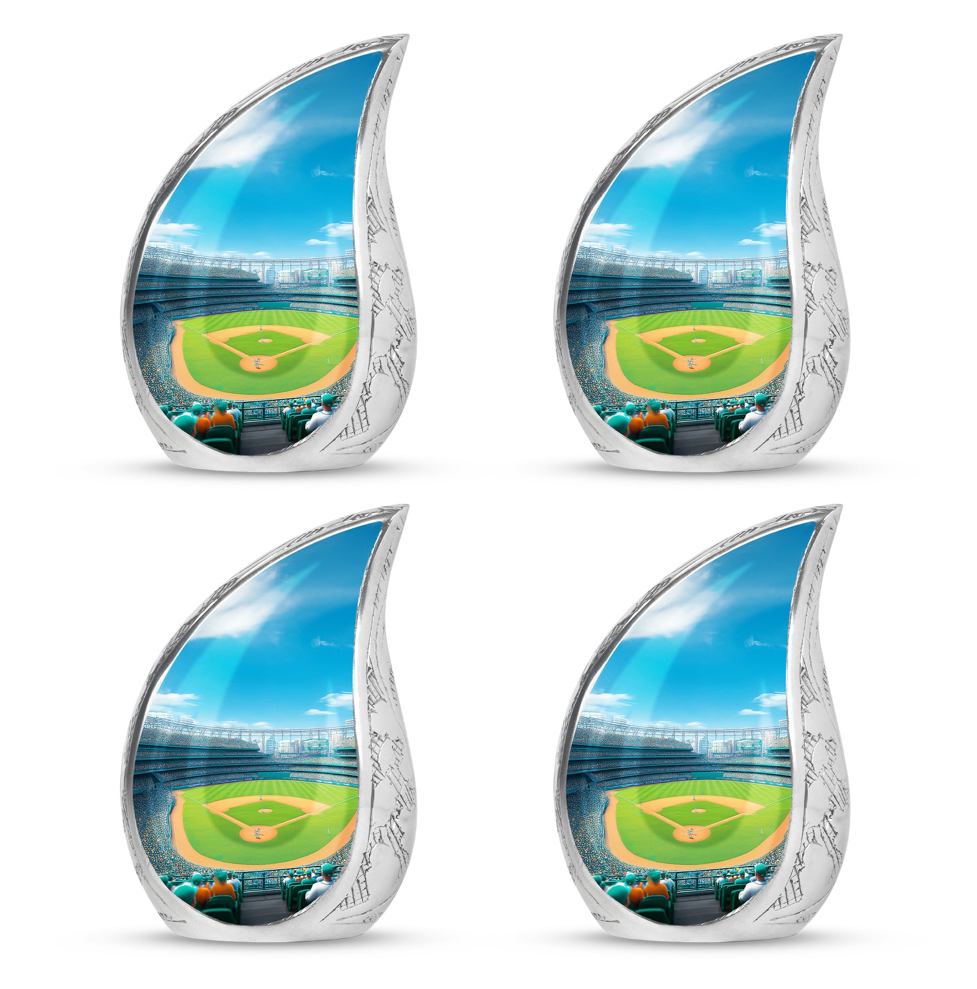 Twilight Blue Baseball Cremation Urn close-up of engraving and surface detail - smooth teardrop contour featuring baseball art - 10 inch aluminum urn for cremated remains