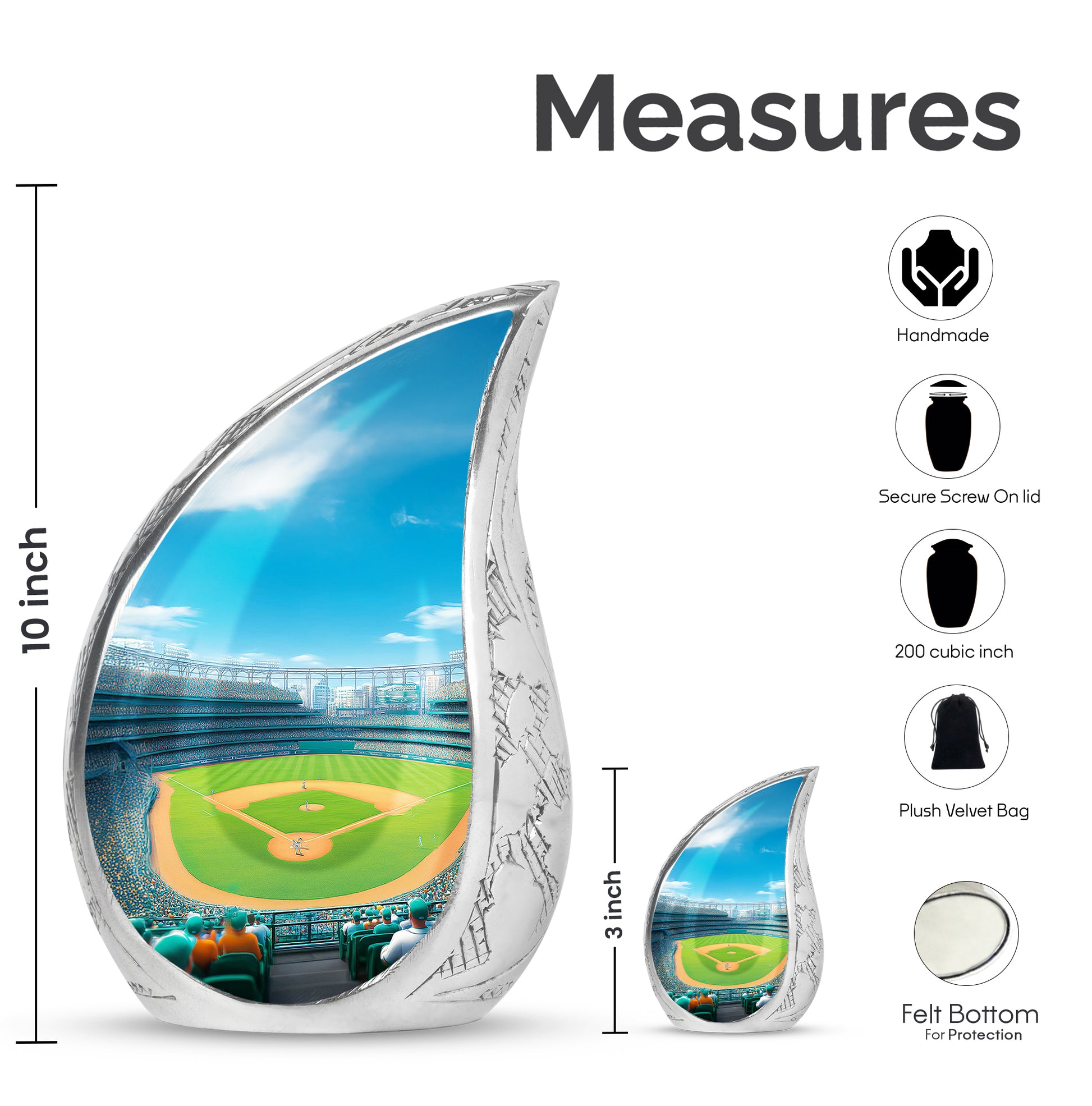 Slate Blue Baseball Cremation Urn angled view of lid and engraved motif - flowing teardrop baseball silhouette on curved aluminum - mini keepsake memorial for portion of cremation ashes