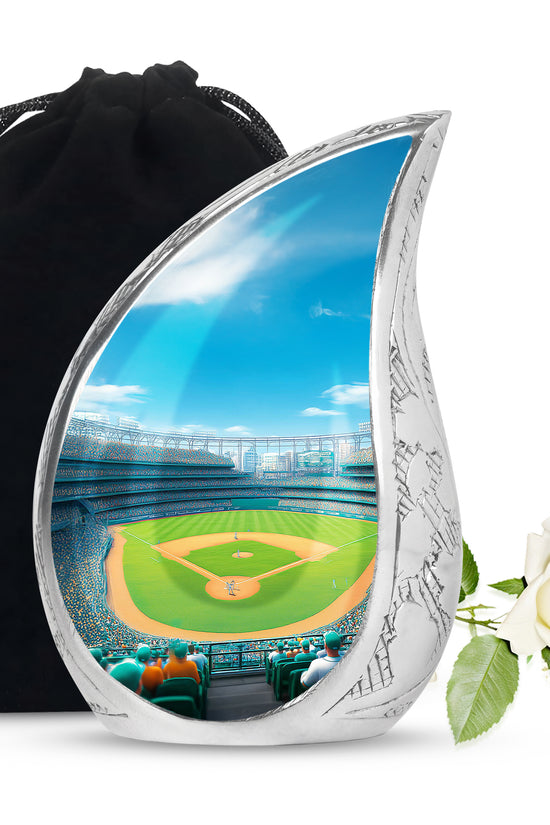 Serene Blue Baseball Cremation Urn front view showing detailed design - graceful tear-shaped urn with baseball motif - full-size 10 inch 200 cubic inch adult cremation urn