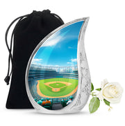Serene Blue Baseball Cremation Urn front view showing detailed design - graceful tear-shaped urn with baseball motif - full-size 10 inch 200 cubic inch adult cremation urn