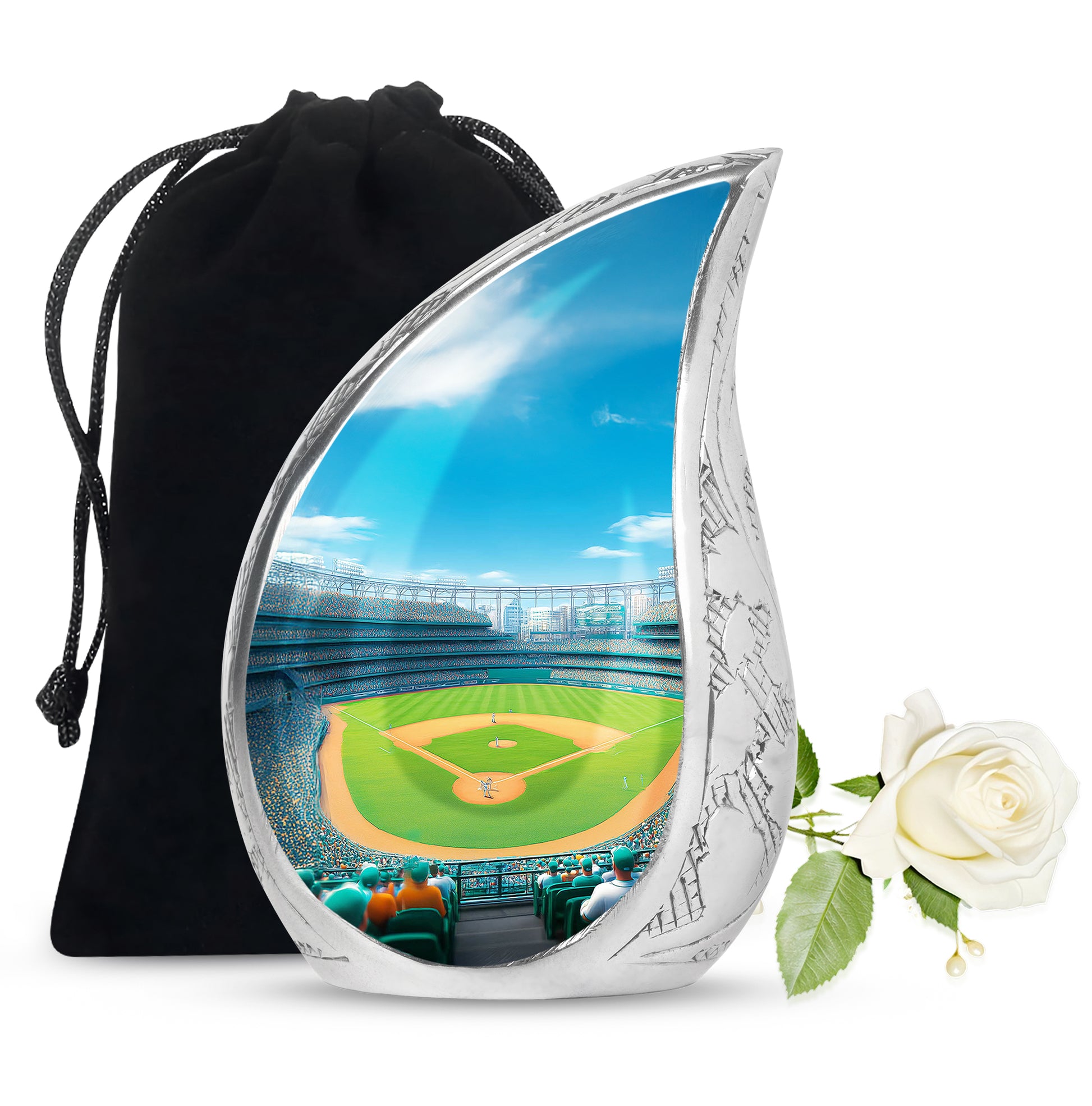 Serene Blue Baseball Cremation Urn front view showing detailed design - graceful tear-shaped urn with baseball motif - full-size 10 inch 200 cubic inch adult cremation urn