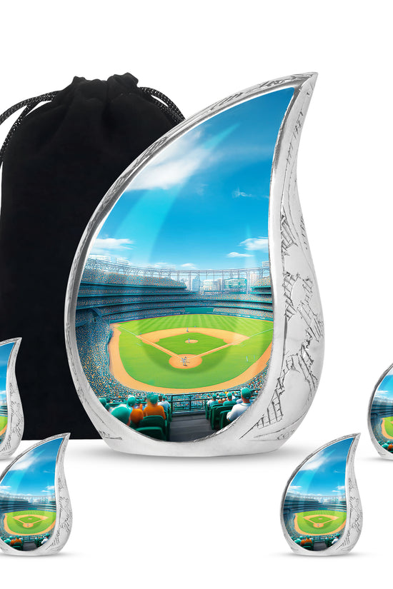 Soft Blue Baseball Cremation Urn side profile showing urn shape - smooth teardrop contour featuring baseball art - memorial set with one large and four small urns