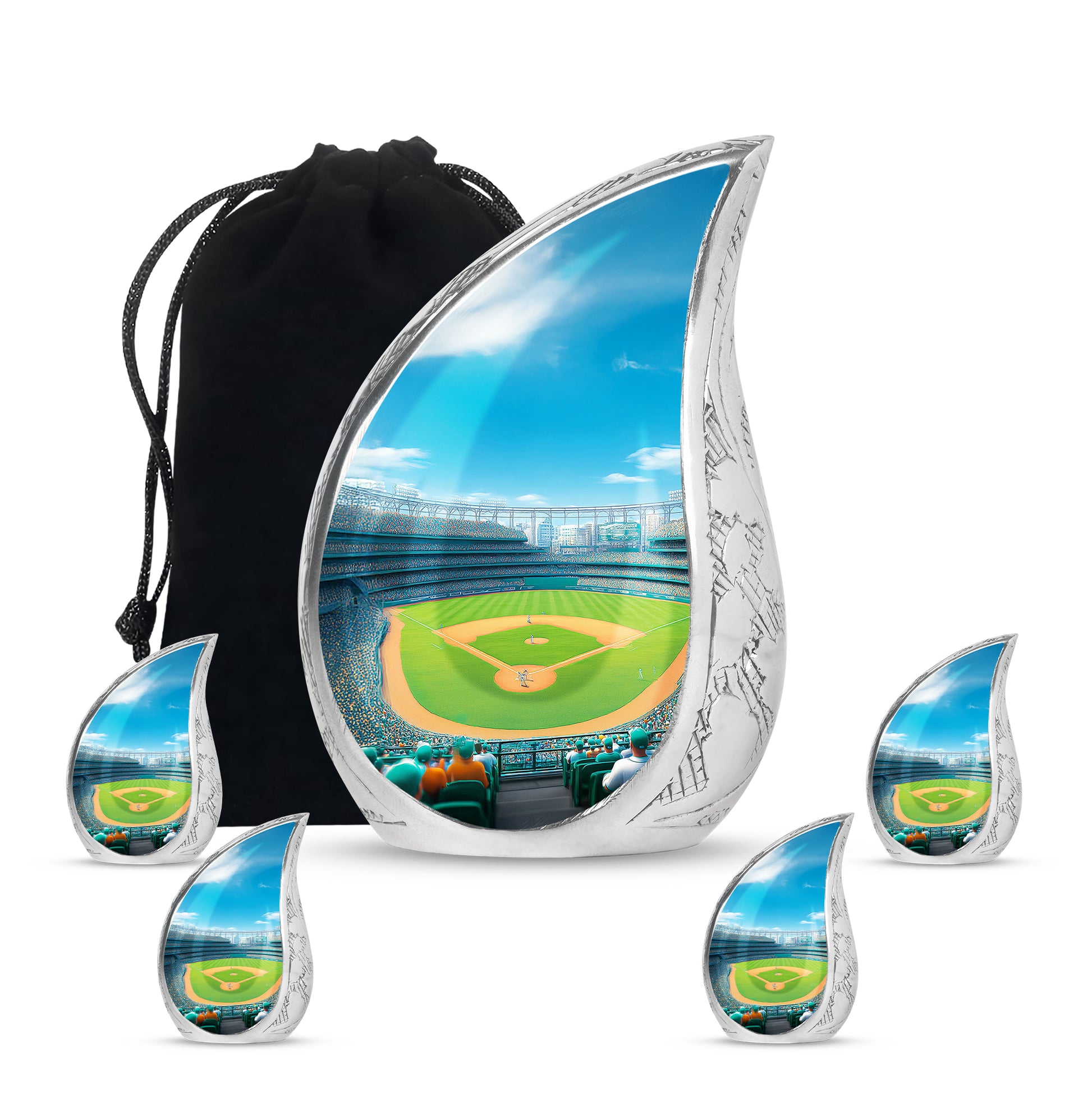Soft Blue Baseball Cremation Urn side profile showing urn shape - smooth teardrop contour featuring baseball art - memorial set with one large and four small urns