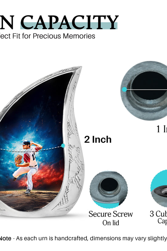 Bright Blue Baseball Cremation Urn angled view of lid and engraved motif - graceful tear-shaped urn with baseball motif - mini keepsake memorial for portion of cremation ashes