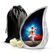 Sky Blue Baseball Cremation Urn front view showing detailed design - flowing teardrop baseball silhouette on curved aluminum - full-size 10 inch 200 cubic inch adult cremation urn