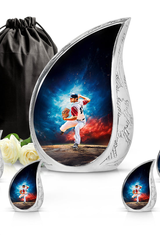 Soft Blue Baseball Cremation Urn side profile showing urn shape - graceful tear-shaped urn with baseball motif - memorial set with one large and four small urns