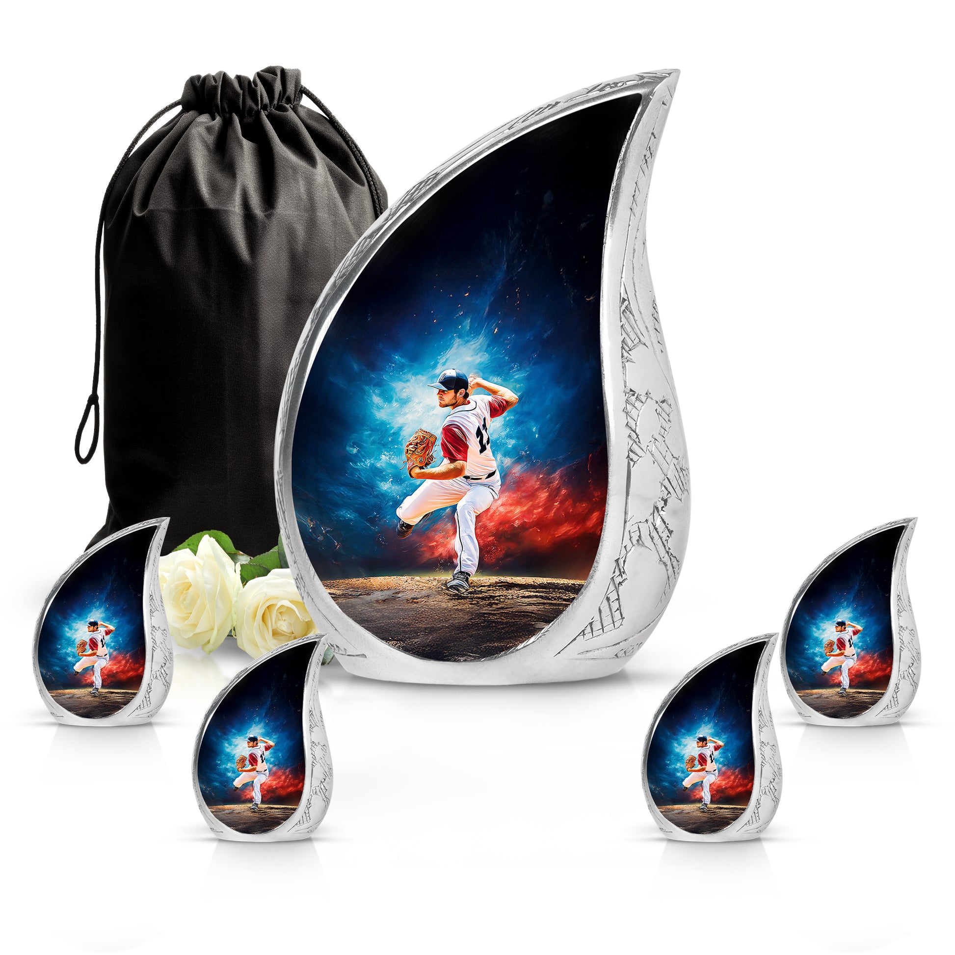 Soft Blue Baseball Cremation Urn side profile showing urn shape - graceful tear-shaped urn with baseball motif - memorial set with one large and four small urns