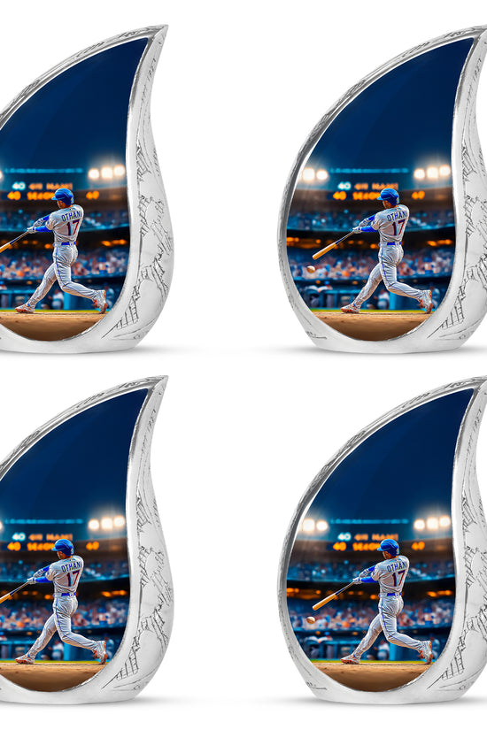 Calming Blue Baseball Cremation Urn close-up of engraving and surface detail - graceful tear-shaped urn with baseball motif - 10 inch aluminum urn for cremated remains