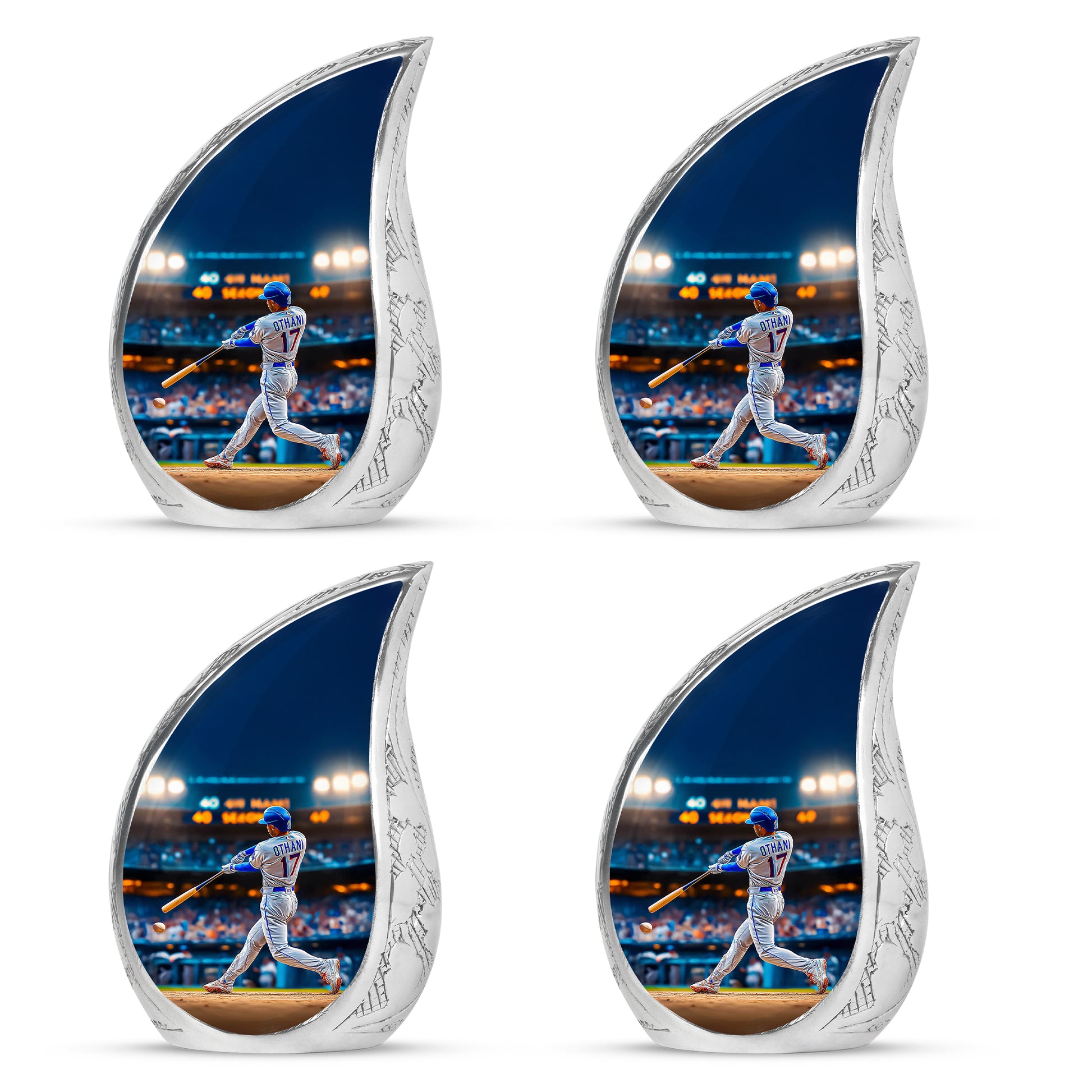Calming Blue Baseball Cremation Urn close-up of engraving and surface detail - graceful tear-shaped urn with baseball motif - 10 inch aluminum urn for cremated remains