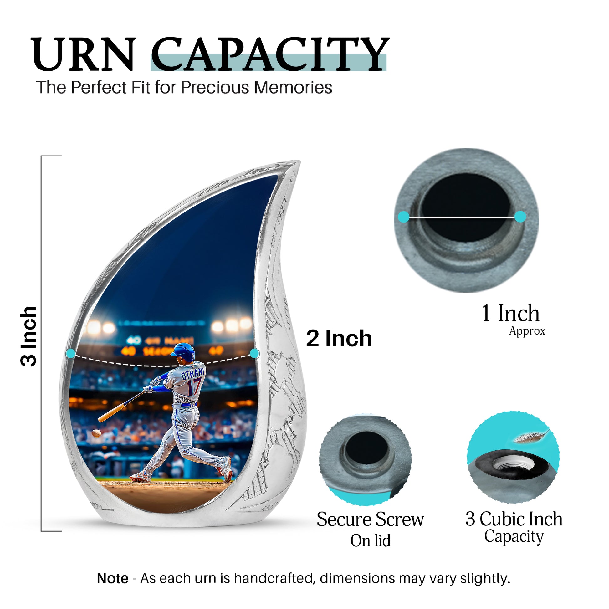 Pastel Blue Baseball Cremation Urn angled view of lid and engraved motif - rounded teardrop baseball design with delicate detail - mini keepsake memorial for portion of cremation ashes