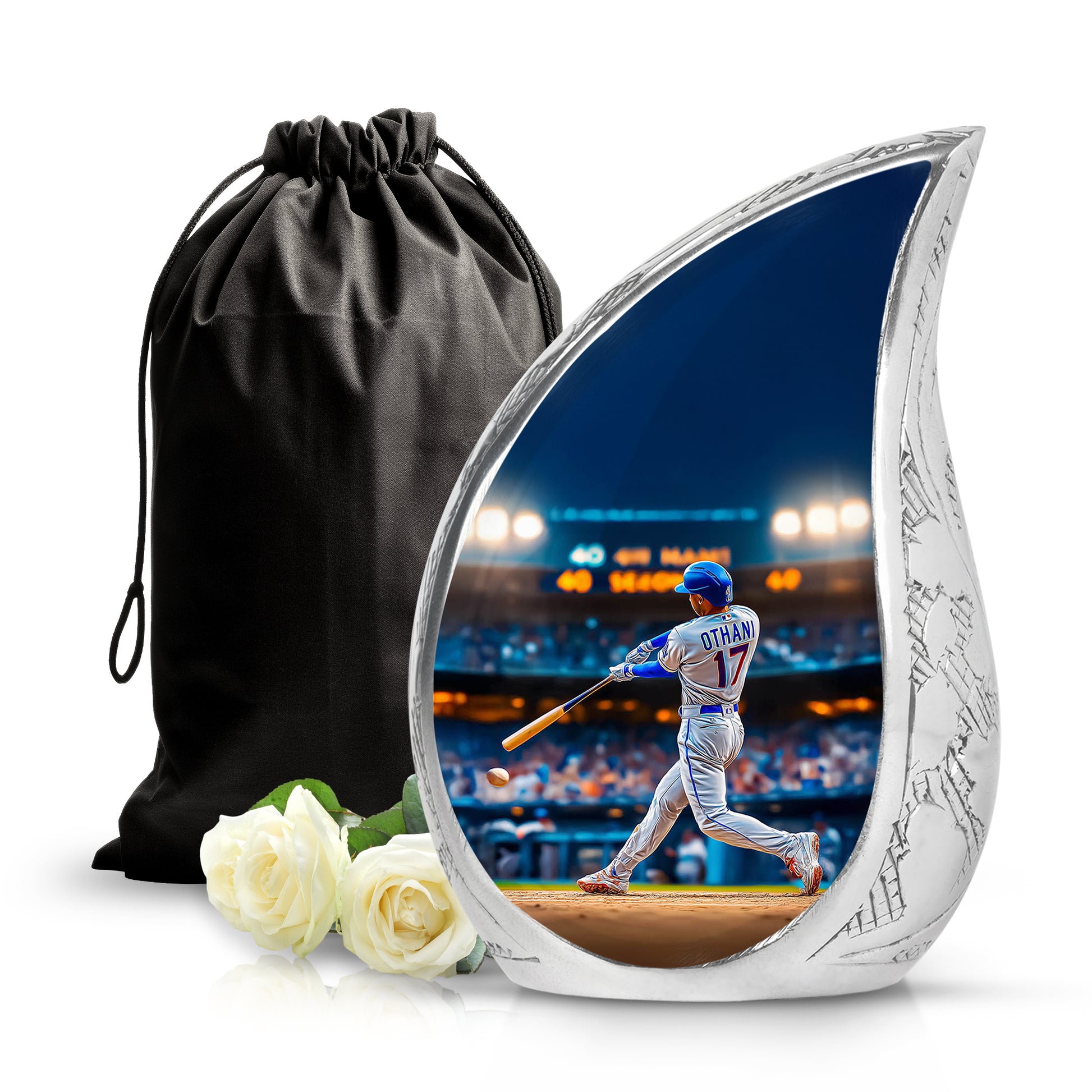 Icy Blue Baseball Cremation Urn front view showing detailed design - flowing teardrop baseball silhouette on curved aluminum - full-size 10 inch 200 cubic inch adult cremation urn