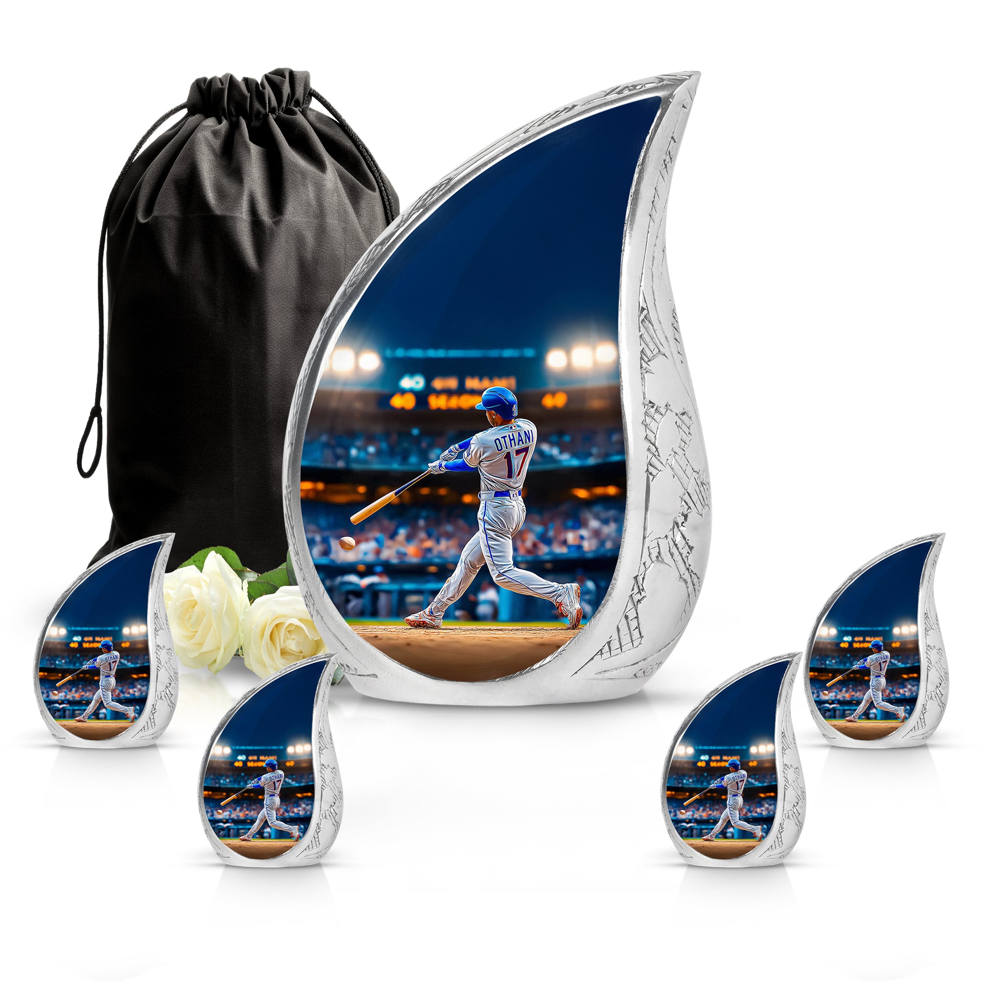 Slate Blue Baseball Cremation Urn side profile showing urn shape - flowing teardrop baseball silhouette on curved aluminum - memorial set with one large and four small urns
