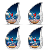 Indigo Baseball Cremation Urn close-up of engraving and surface detail - rounded teardrop baseball design with delicate detail - 10 inch aluminum urn for cremated remains