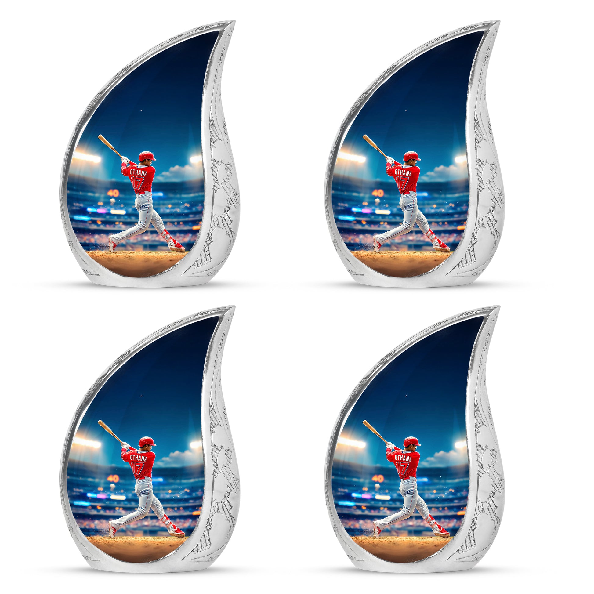 Indigo Baseball Cremation Urn close-up of engraving and surface detail - rounded teardrop baseball design with delicate detail - 10 inch aluminum urn for cremated remains