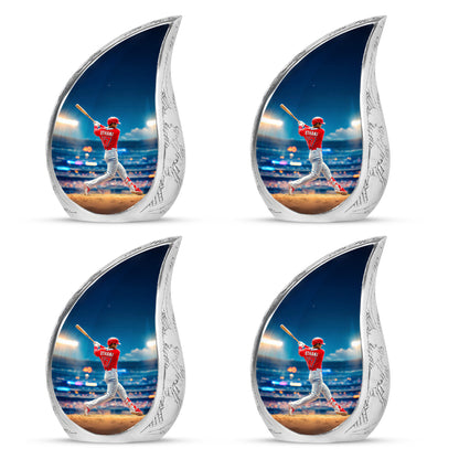 Indigo Baseball Cremation Urn close-up of engraving and surface detail - rounded teardrop baseball design with delicate detail - 10 inch aluminum urn for cremated remains