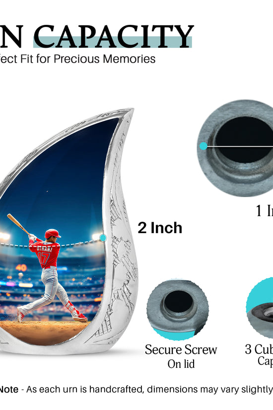 Calming Blue Baseball Cremation Urn angled view of lid and engraved motif - smooth teardrop contour featuring baseball art - mini keepsake memorial for portion of cremation ashes