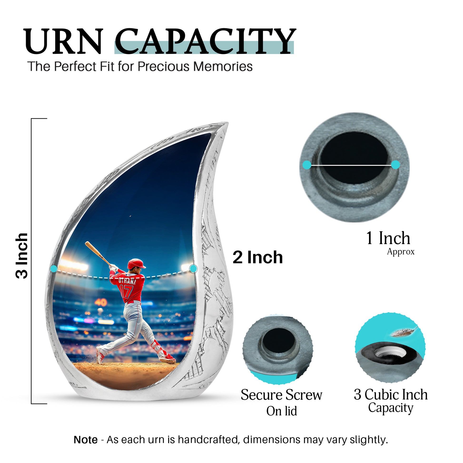Calming Blue Baseball Cremation Urn angled view of lid and engraved motif - smooth teardrop contour featuring baseball art - mini keepsake memorial for portion of cremation ashes