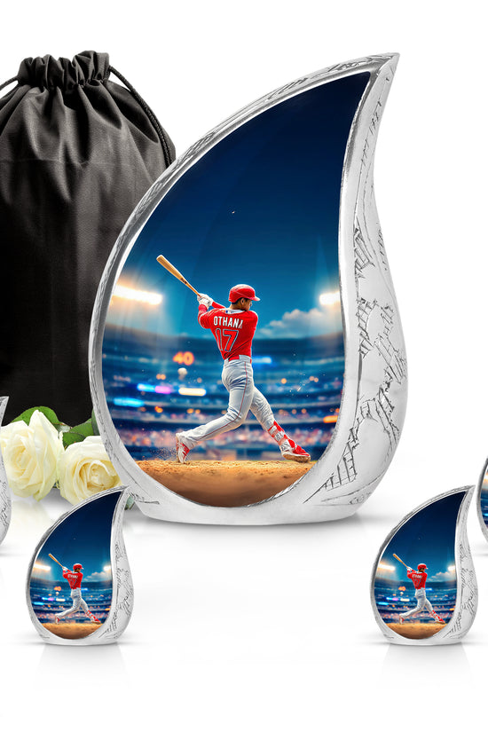 Twilight Blue Baseball Cremation Urn side profile showing urn shape - smooth teardrop contour featuring baseball art - memorial set with one large and four small urns