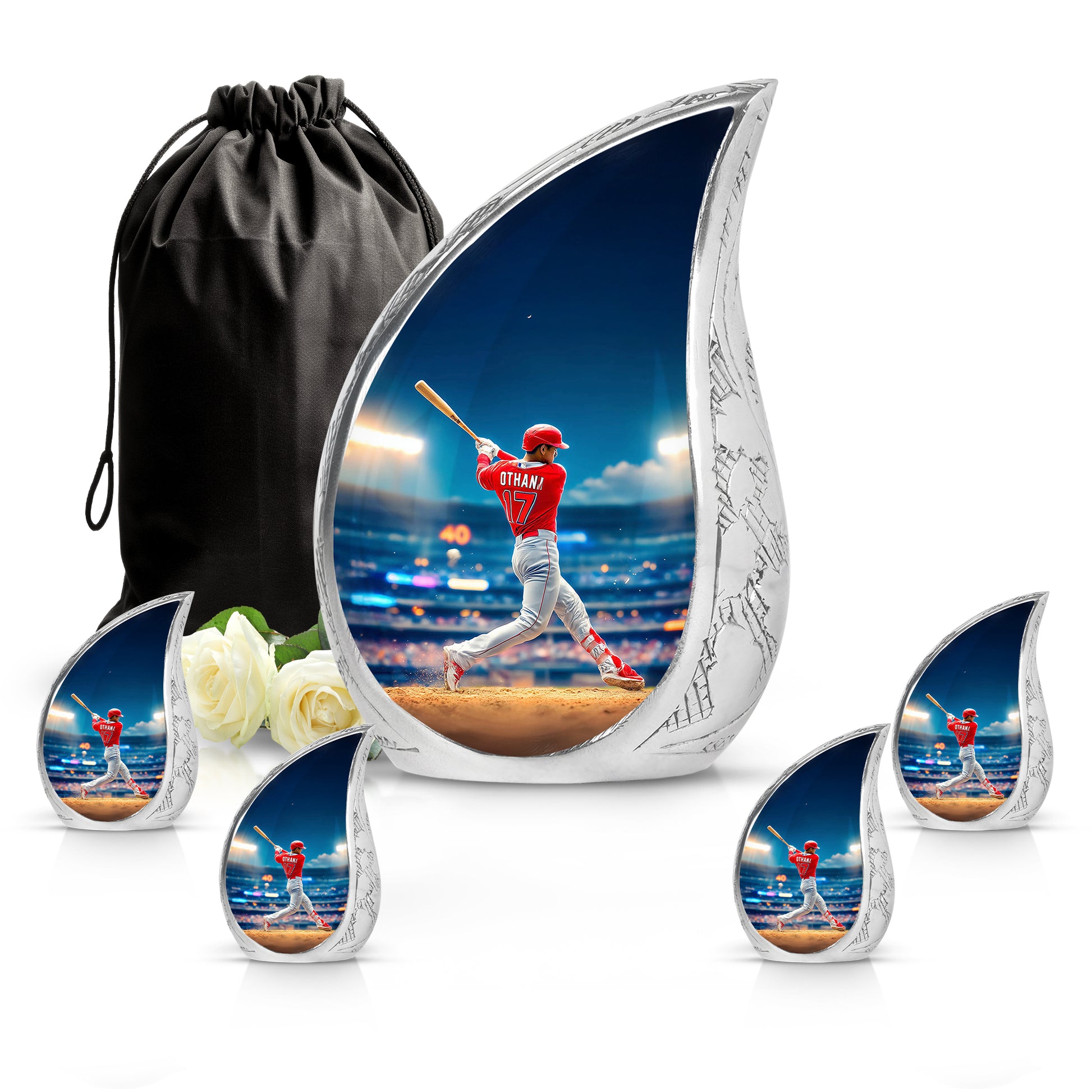 Twilight Blue Baseball Cremation Urn side profile showing urn shape - smooth teardrop contour featuring baseball art - memorial set with one large and four small urns