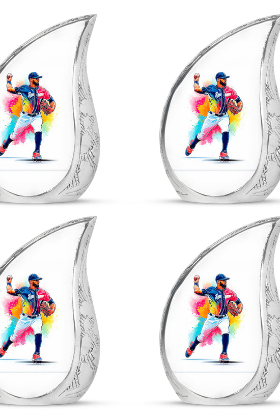 Pearl White Baseball Cremation Urn close-up of engraving and surface detail - smooth teardrop contour featuring baseball art - 10 inch aluminum urn for cremated remains