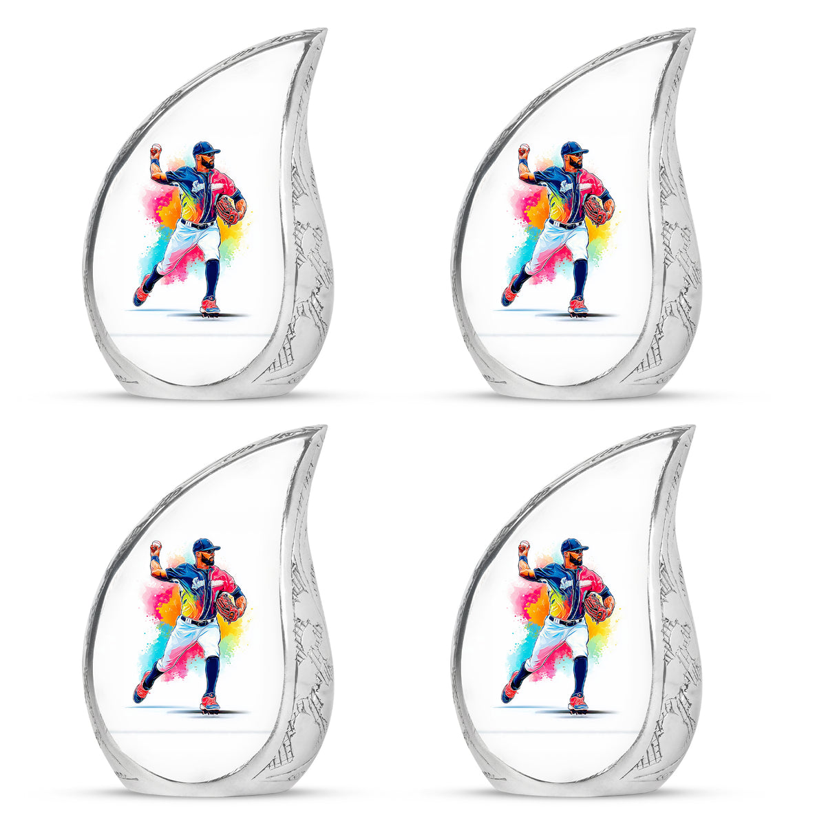 Pearl White Baseball Cremation Urn close-up of engraving and surface detail - smooth teardrop contour featuring baseball art - 10 inch aluminum urn for cremated remains