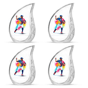 Pearl White Baseball Cremation Urn close-up of engraving and surface detail - smooth teardrop contour featuring baseball art - 10 inch aluminum urn for cremated remains