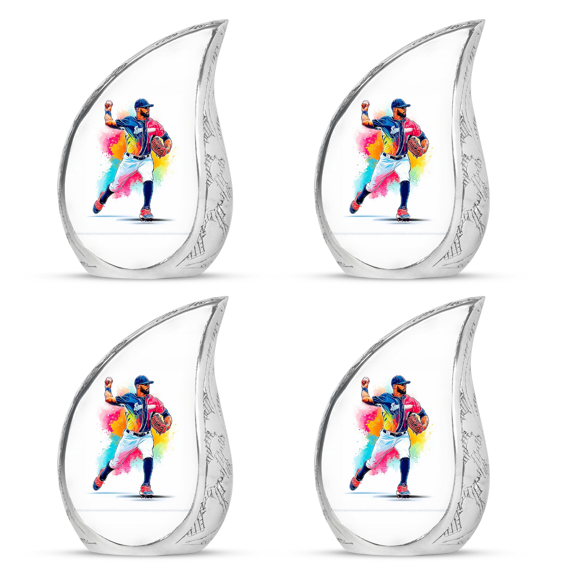 Pearl White Baseball Cremation Urn close-up of engraving and surface detail - smooth teardrop contour featuring baseball art - 10 inch aluminum urn for cremated remains