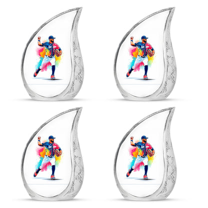 Pearl White Baseball Cremation Urn close-up of engraving and surface detail - smooth teardrop contour featuring baseball art - 10 inch aluminum urn for cremated remains