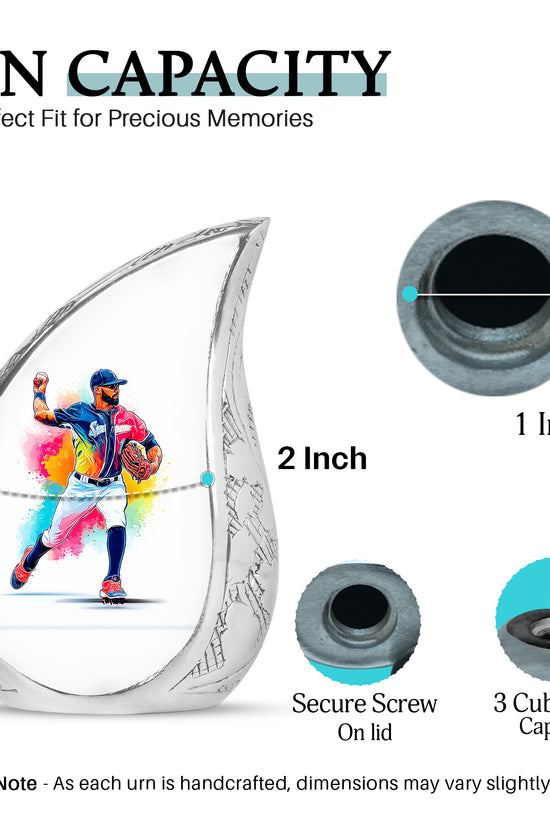 Snow White Baseball Cremation Urn angled view of lid and engraved motif - rounded teardrop baseball design with delicate detail - mini keepsake memorial for portion of cremation ashes
