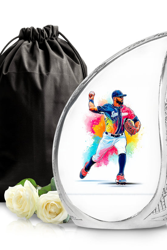 Pure White Baseball Cremation Urn front view showing detailed design - flowing teardrop baseball silhouette on curved aluminum - full-size 10 inch 200 cubic inch adult cremation urn