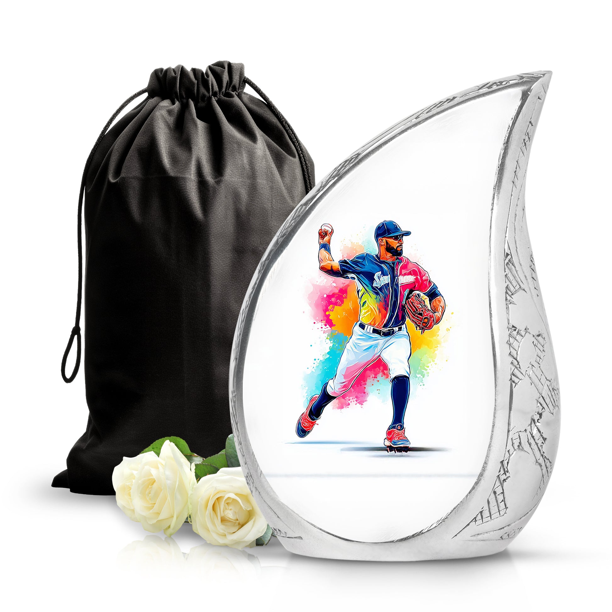 Pure White Baseball Cremation Urn front view showing detailed design - flowing teardrop baseball silhouette on curved aluminum - full-size 10 inch 200 cubic inch adult cremation urn