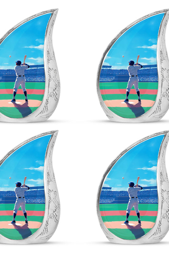 Twilight Blue Baseball Cremation Urn close-up of engraving and surface detail - graceful tear-shaped urn with baseball motif - 10 inch aluminum urn for cremated remains
